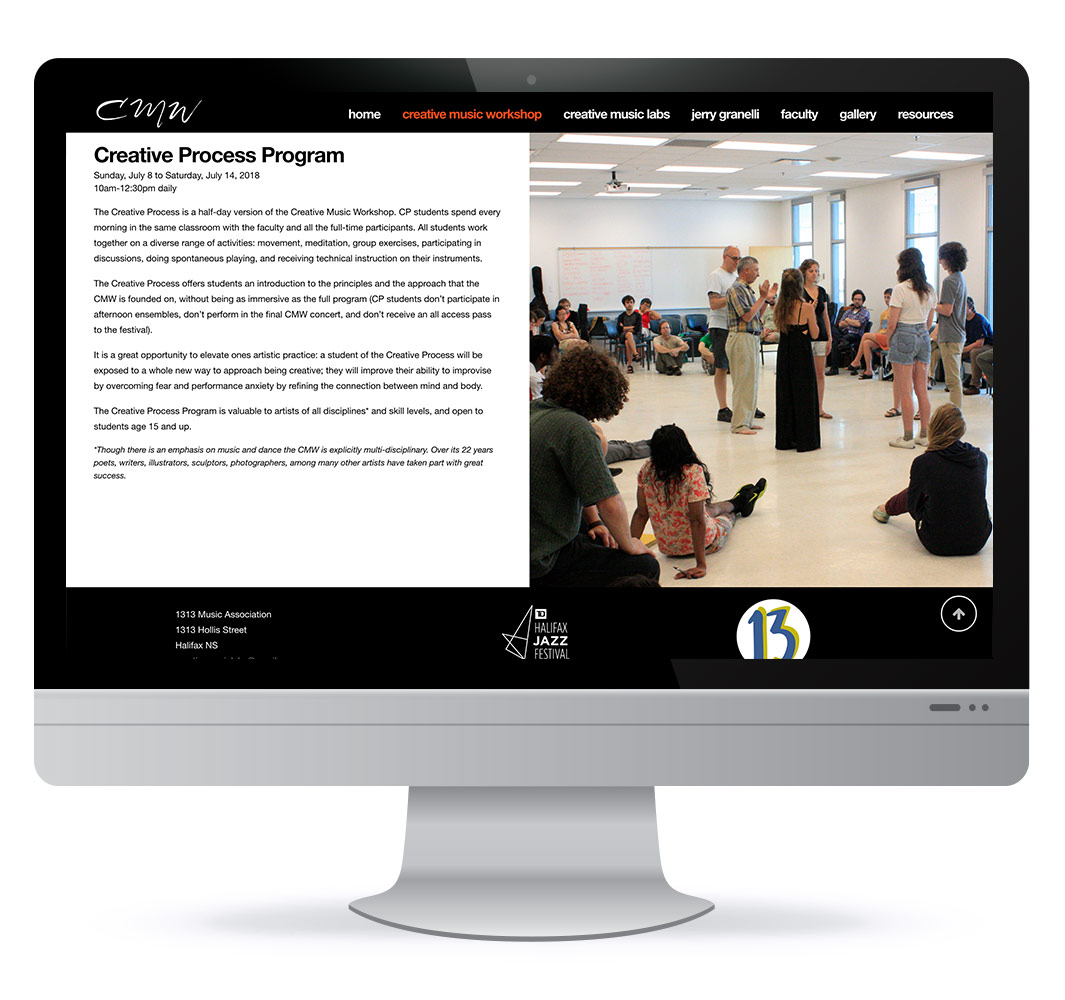 Screenshot of Creative Music Workshop website designed by HH Design